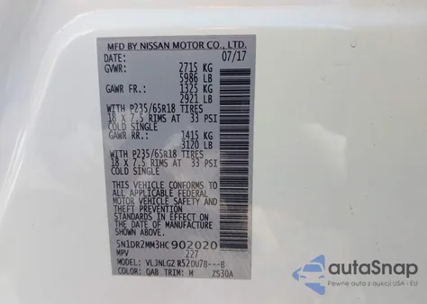 2017 Nissan Pathfinder Sl из США, поврежденный, VIN 5N1DR2MM3HC902020